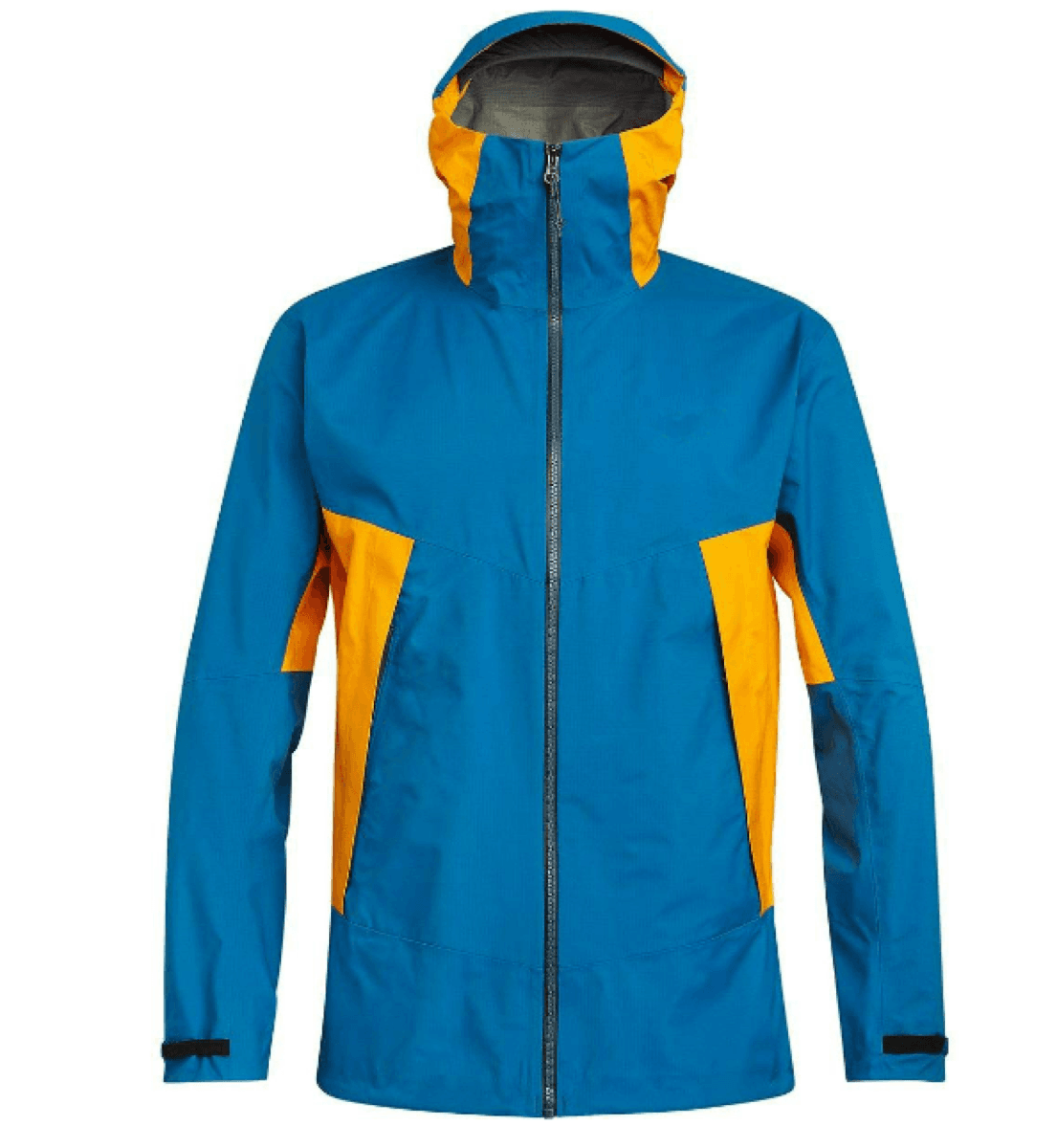 Blue and yellow outdoor shell jacket